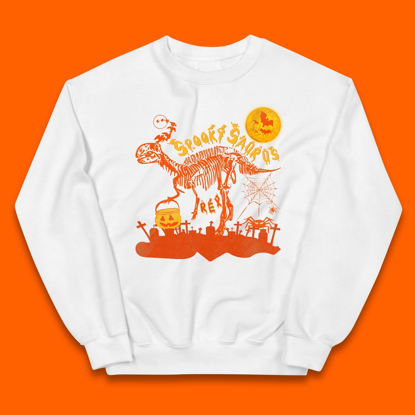 Spooky Saurus Rex Halloween Dinosaur Skeleton T-Rex Scary Pumpkin Kids Jumper