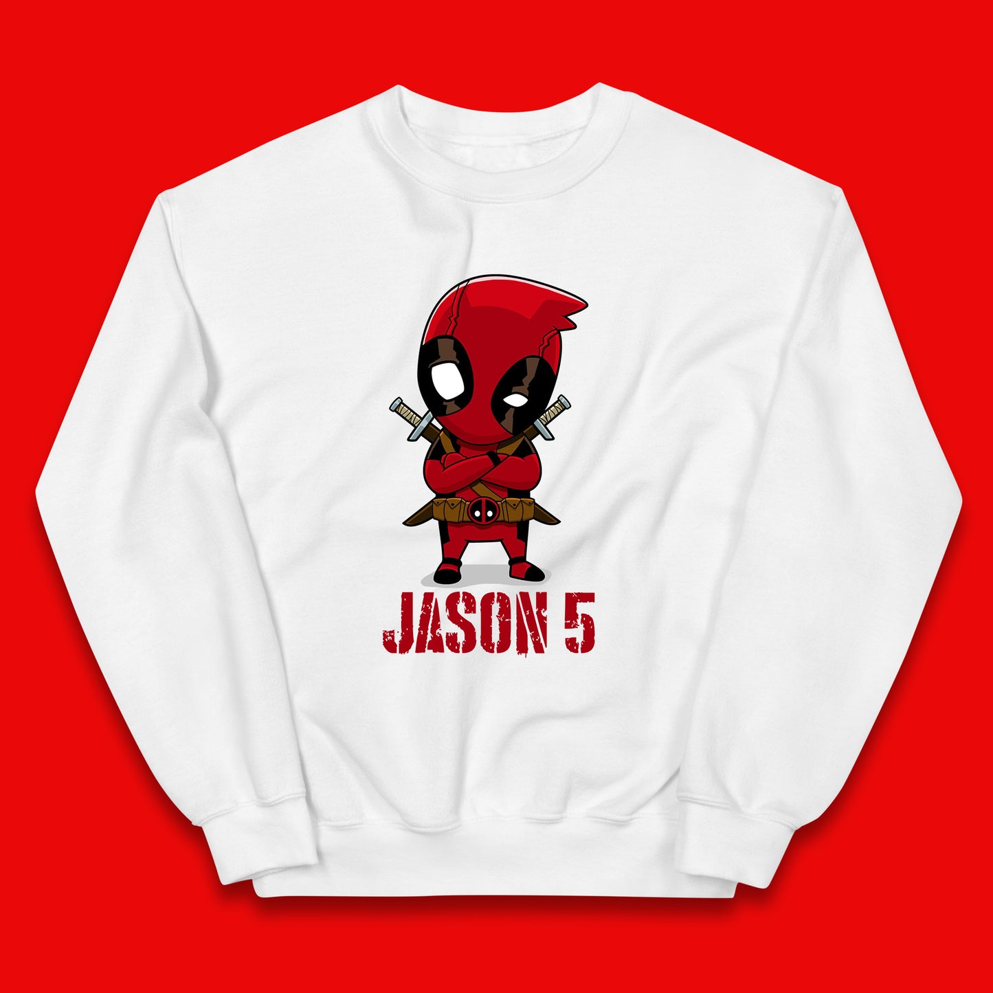 Personalised Chibi Deadpool Fictional Character Your Name & Age Superhero Comic Book Character Deadpool Marvel Comics Kids Jumper