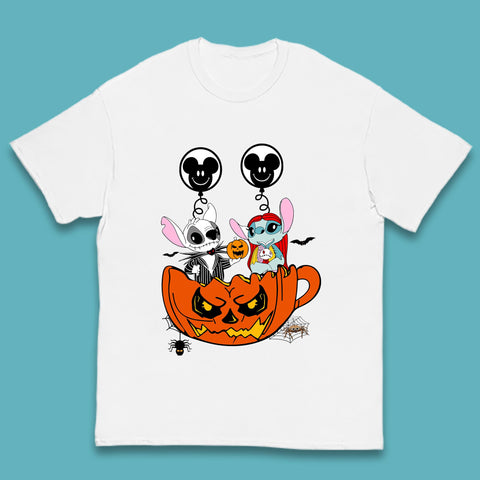 Stitch X Jack And Sally Inside Halloween Pumpkin With Mickey Mouse Balloons Jack And Sally Nightmare Before Christmas Kids T Shirt