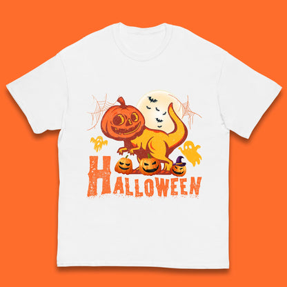 Halloween Dinosaur Jack O Lantern T-Rex Funny Dino Pumpkin Scary Boo and Bats Festive Costume Kids T Shirt