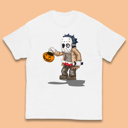 Chibi Jason Voorhees Holding Bloody Knife And Pumpkin Bucket Halloween Friday The 13th Horror Movie Kids T Shirt