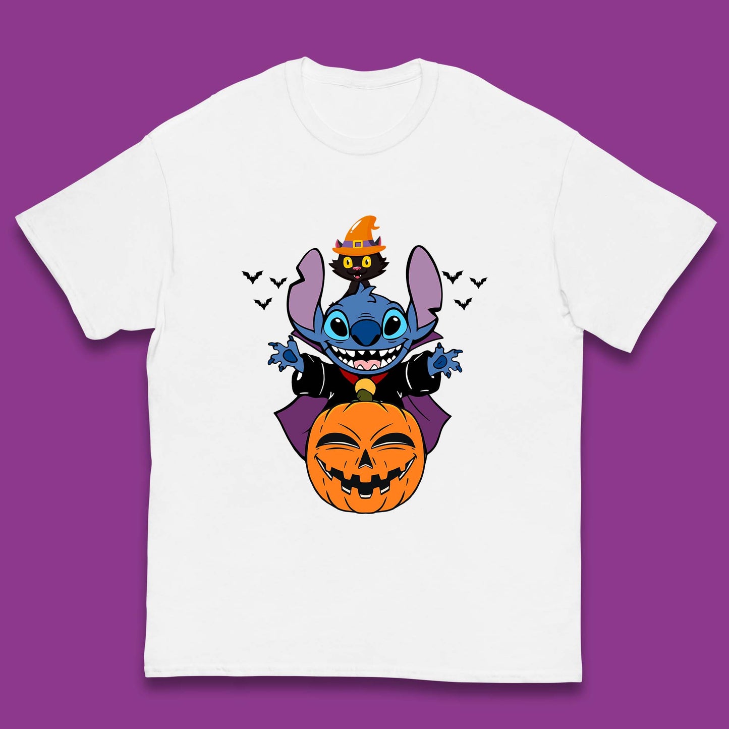 Disney Halloween Pumpkin Devil Stitch With Black Cat Horror Scary Disney Lilo & Stitch Kids T Shirt