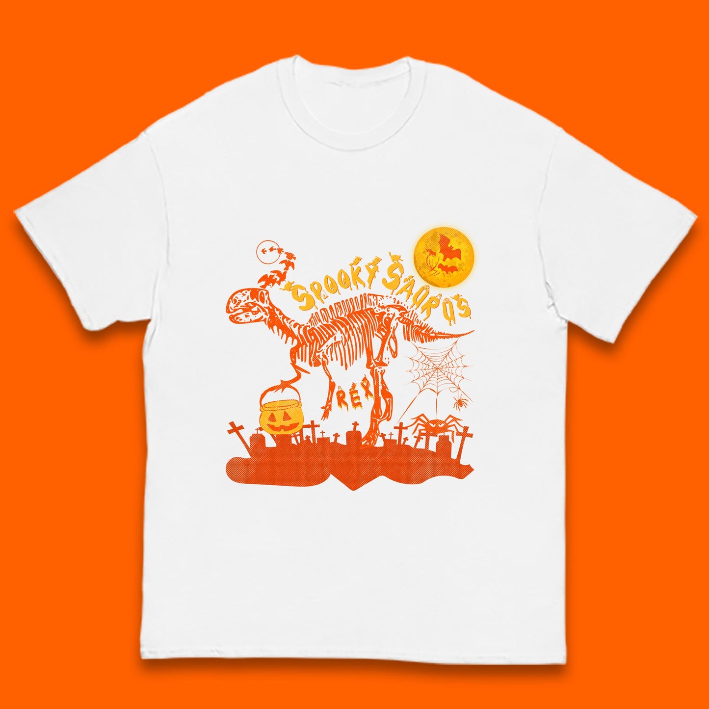 Spooky Saurus Rex Halloween Dinosaur Skeleton T-Rex Scary Pumpkin Kids T Shirt