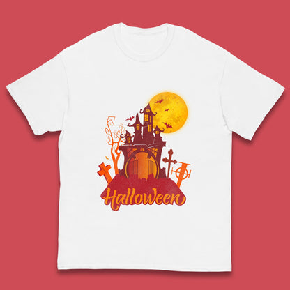 Halloween Lettering With Full Moon Scary Haunted House Flying Bats Horror Graveyard Kids T Shirt