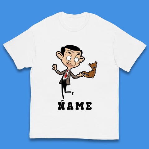 Personalised Mr Bean And Teddy Bear Your Name Comedy Cartoon Animated Series Kids T Shirt