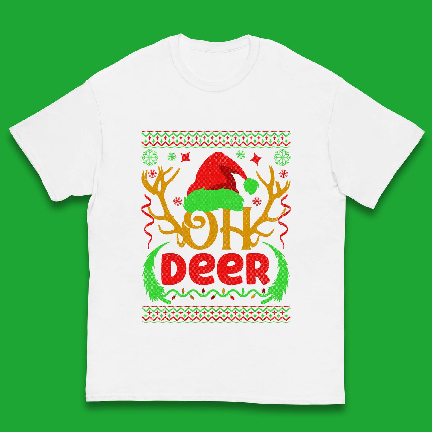 Oh Deer Merry Christmas Santa Hat Deer Antlers Funny Xmas Kids T Shirt