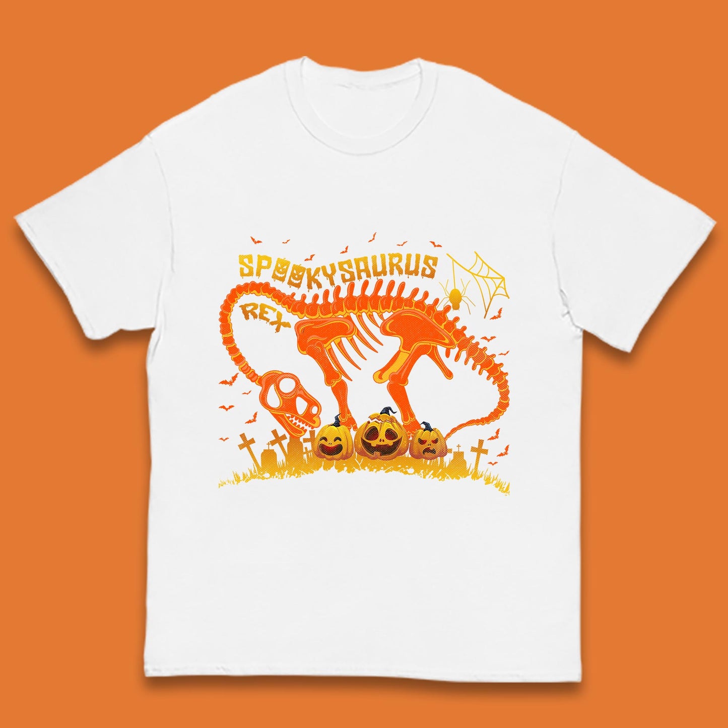 Spooky Saurus Rex Halloween Dinosaur T-Rex Skeleton With Scary Pumpkins Kids T Shirt