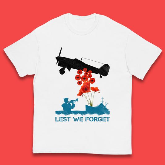 Lest We Forget Remembrance Day Veterans British Armed Forces Poppy Flower Royal Aircraft Kids T Shirt