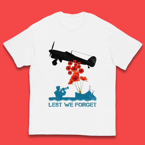 Lest We Forget Remembrance Day Veterans British Armed Forces Poppy Flower Royal Aircraft Kids T Shirt