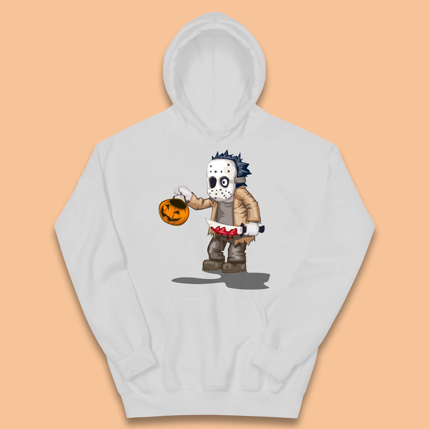 Chibi Jason Voorhees Holding Bloody Knife And Pumpkin Bucket Halloween Friday The 13th Horror Movie Kids Hoodie