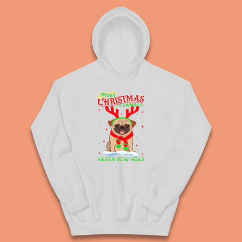 Merry Christmas And Happy New Year Pug Dog Wearing Red Scarf And Antlers Xmas Dog Lovers Kids Hoodie
