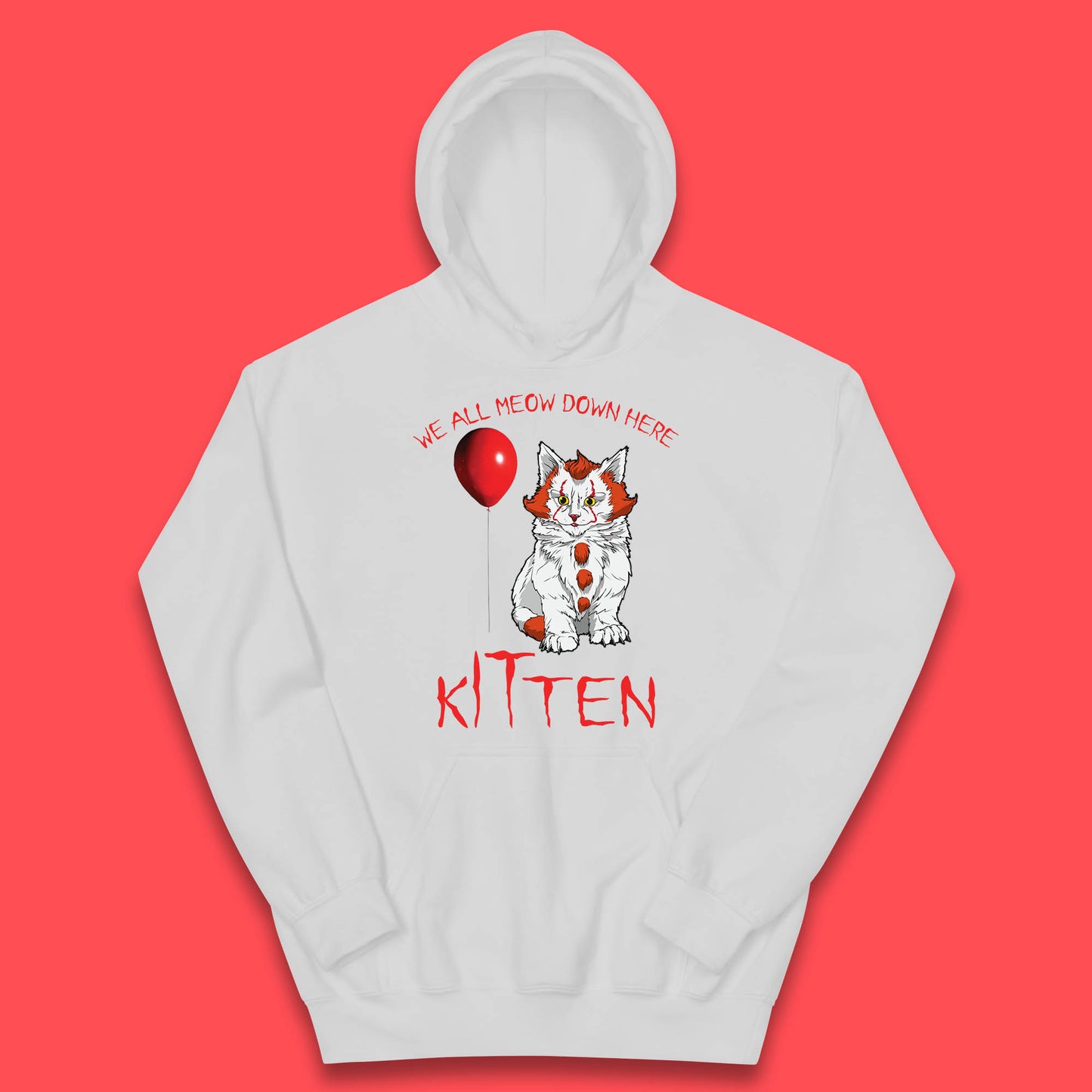 We All Meow Down Here Kitten Clown Cat Halloween IT Pennywise Clown Movie Mashup Parody Kids Hoodie