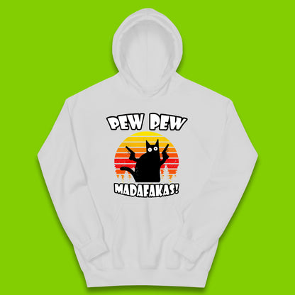 Pew Pew Madafakas Funny Joke Retro Vintage Cat Gun Pistol Kitty Pew Pew Cat Meme Kids Hoodie