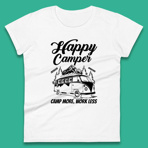 Camper Van Happy Camper Outdoor Adventure Camp More Work Less Van Life Road Trip Womens Tee Top