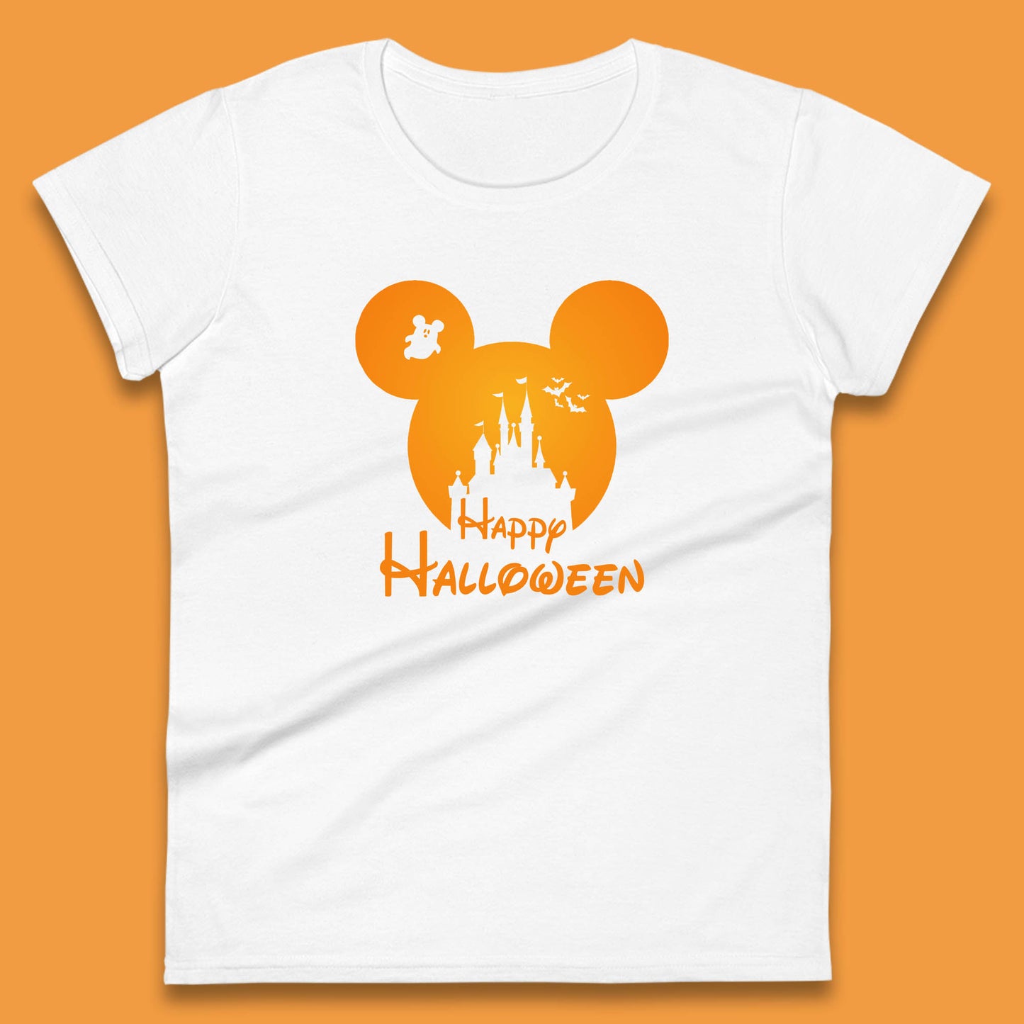 Happy Halloween Mickey Mouse Disney Castle Halloween Scary Boo Flying Bats Womens Tee Top