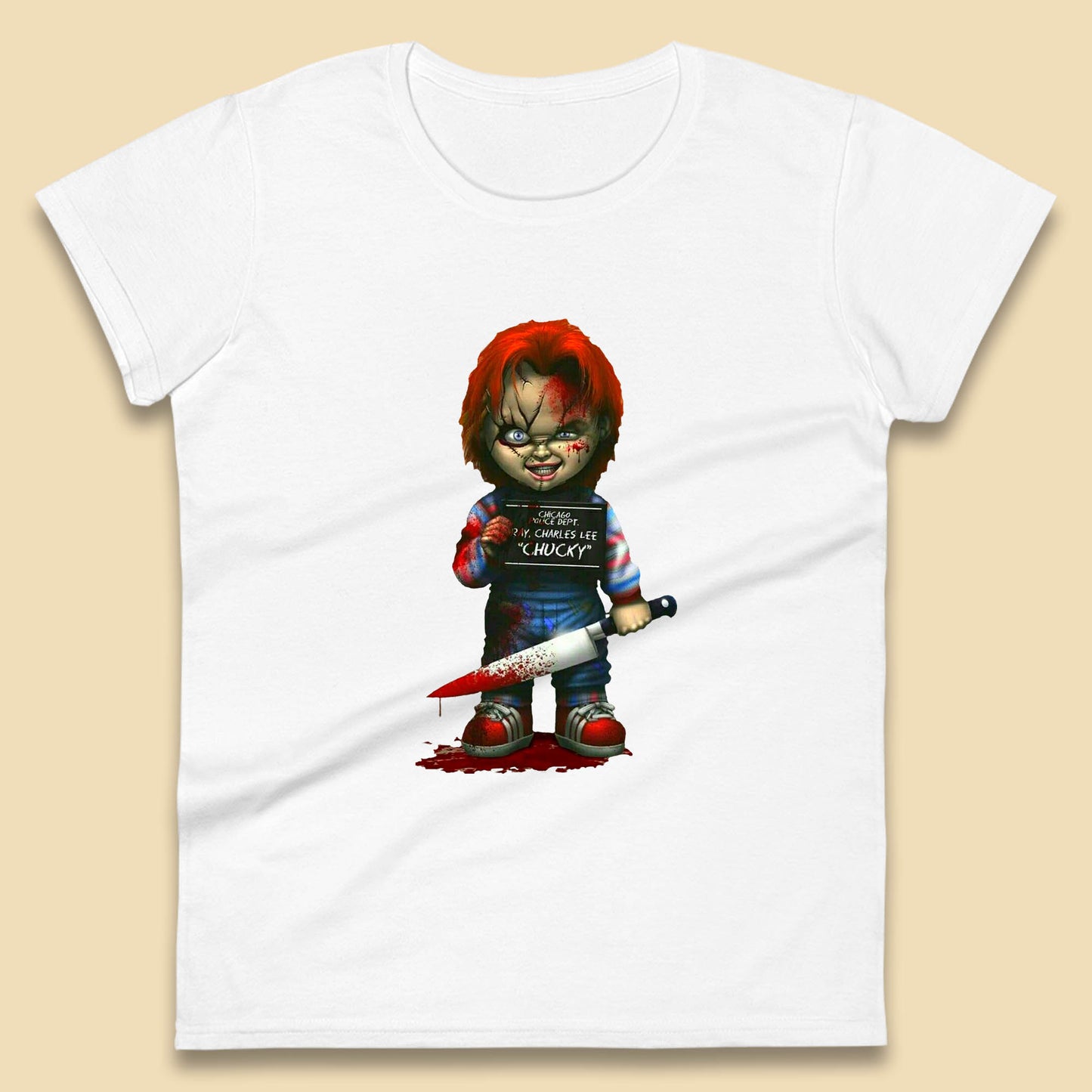 Chucky Mug Shot Chicago Police Dept Ray Charles Lee Chucky Halloween Horror Movie Womens Tee Top