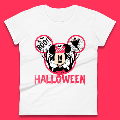 Disney Halloween Mickey Mouse Minnie Mouse Boo Ghost Horror Scary Disneyland Trip Womens Tee Top