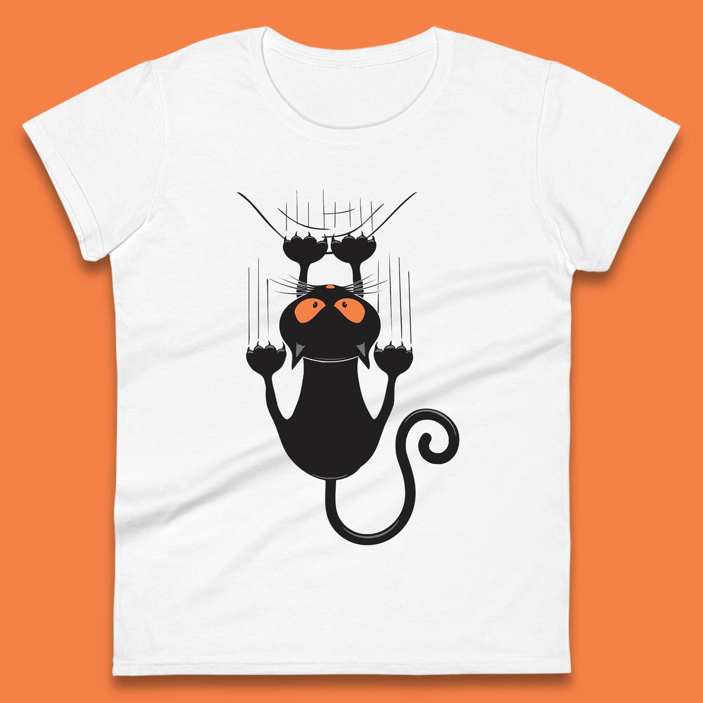 Black Cat Cartoon Scratching Climbing Wall Halloween Horror Scary Black Cat Spooky Season Womens Tee Top