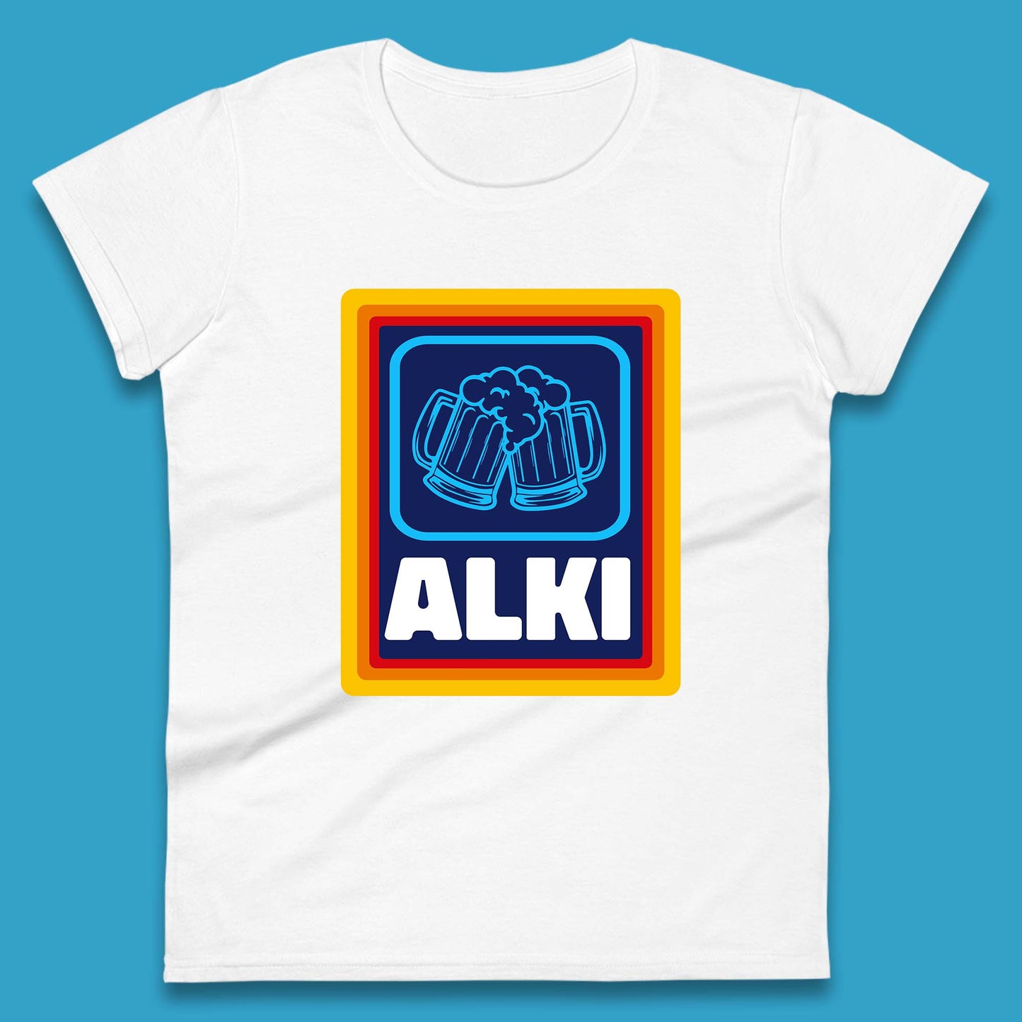 Alki Aldi Drink Pub Beer Joke Funny Parody Novelty Gift Womens Tee Top