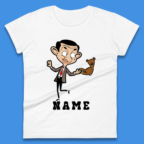 Personalised Mr Bean And Teddy Bear Your Name Comedy Cartoon Animated Series Womens Tee Top