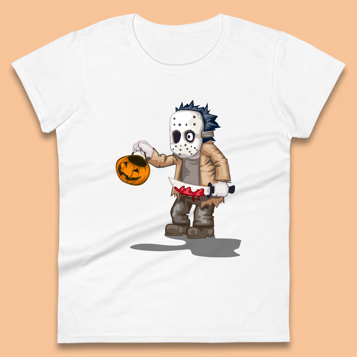 Chibi Jason Voorhees Holding Bloody Knife And Pumpkin Bucket Halloween Friday The 13th Horror Movie Womens Tee Top