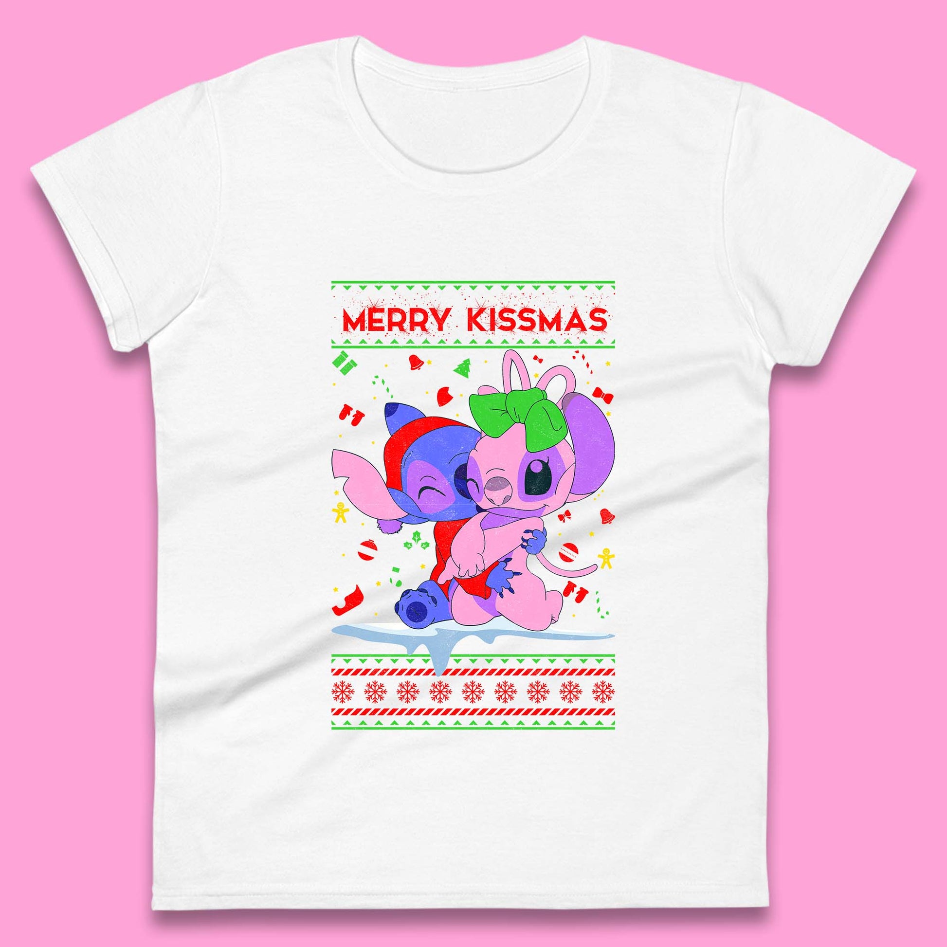 merry kissmas disney stitch and angel womens top