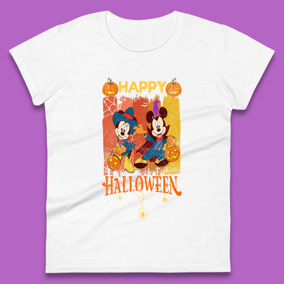 Happy Halloween Disney Witch Mickey Mouse Minnie Mouse Horror Scary Disneyland Trip Womens Tee Top