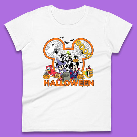 Disney Halloween Mickey Mouse Minnie Mouse Boo Ghost Friends Donald Duck Pluto Goofy Cartoon Disneyland Trip Womens Tee Top