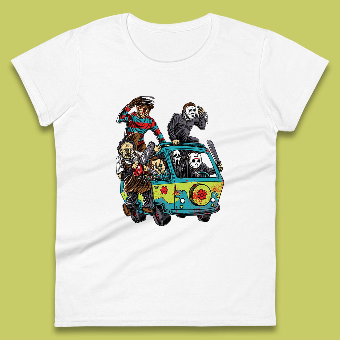 Halloween Scooby Doo Friends Van Horror Movie Villians Characters Mystery Machine Womens Tee Top