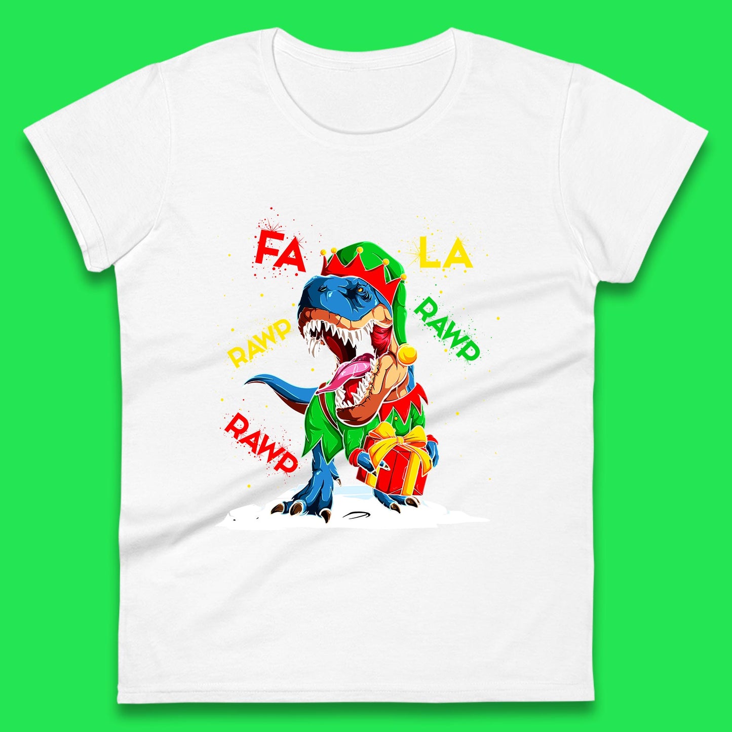 Fa La Rawr Rawr Christmas Dinosaur Wearing Elf Costume & Holding Gifts Xmas T-Rex Womens Tee Top