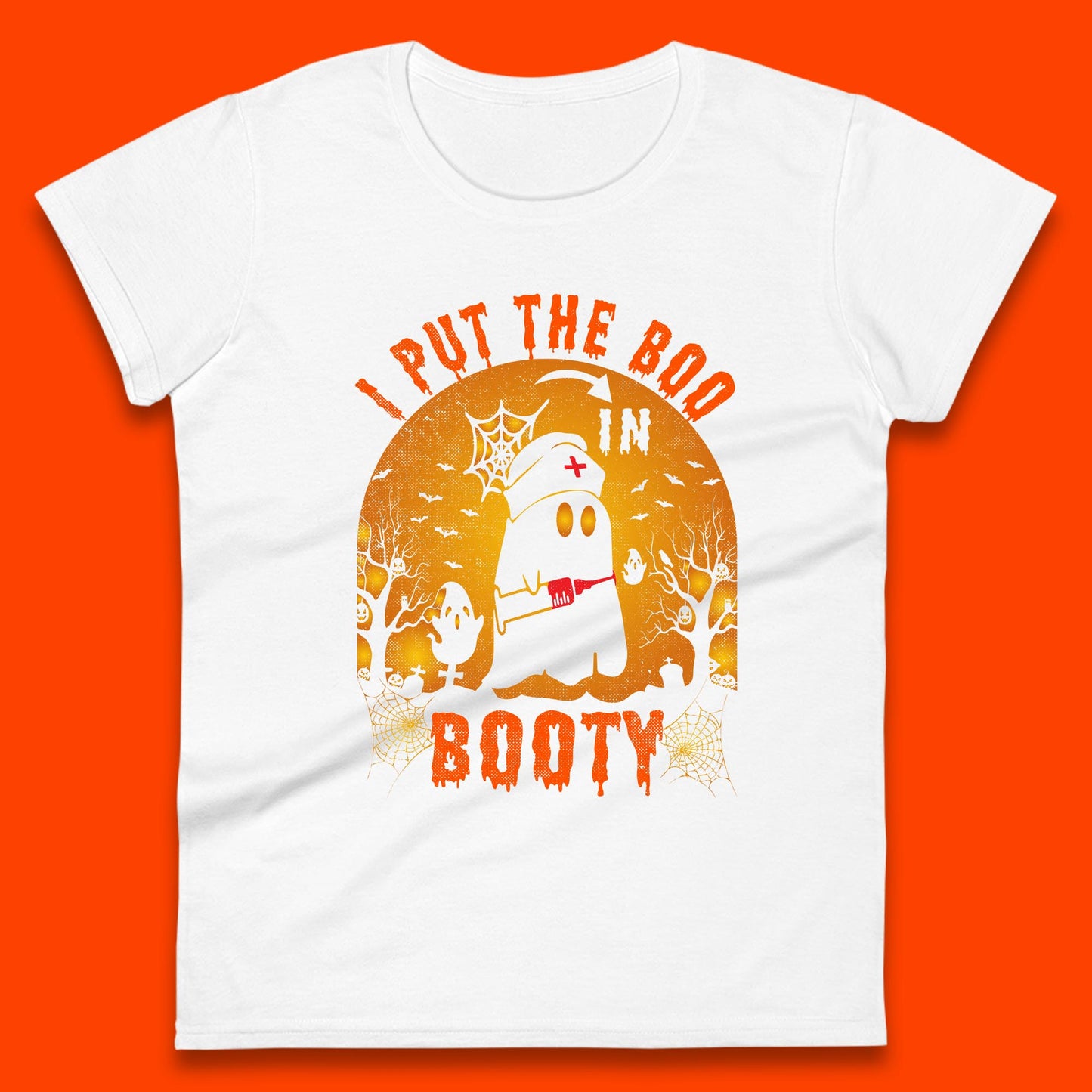 I Put The Boo In Booty Nurse Ghost Syringe Funny Halloween Nursing Boo Ghost Costume Womens Tee Top