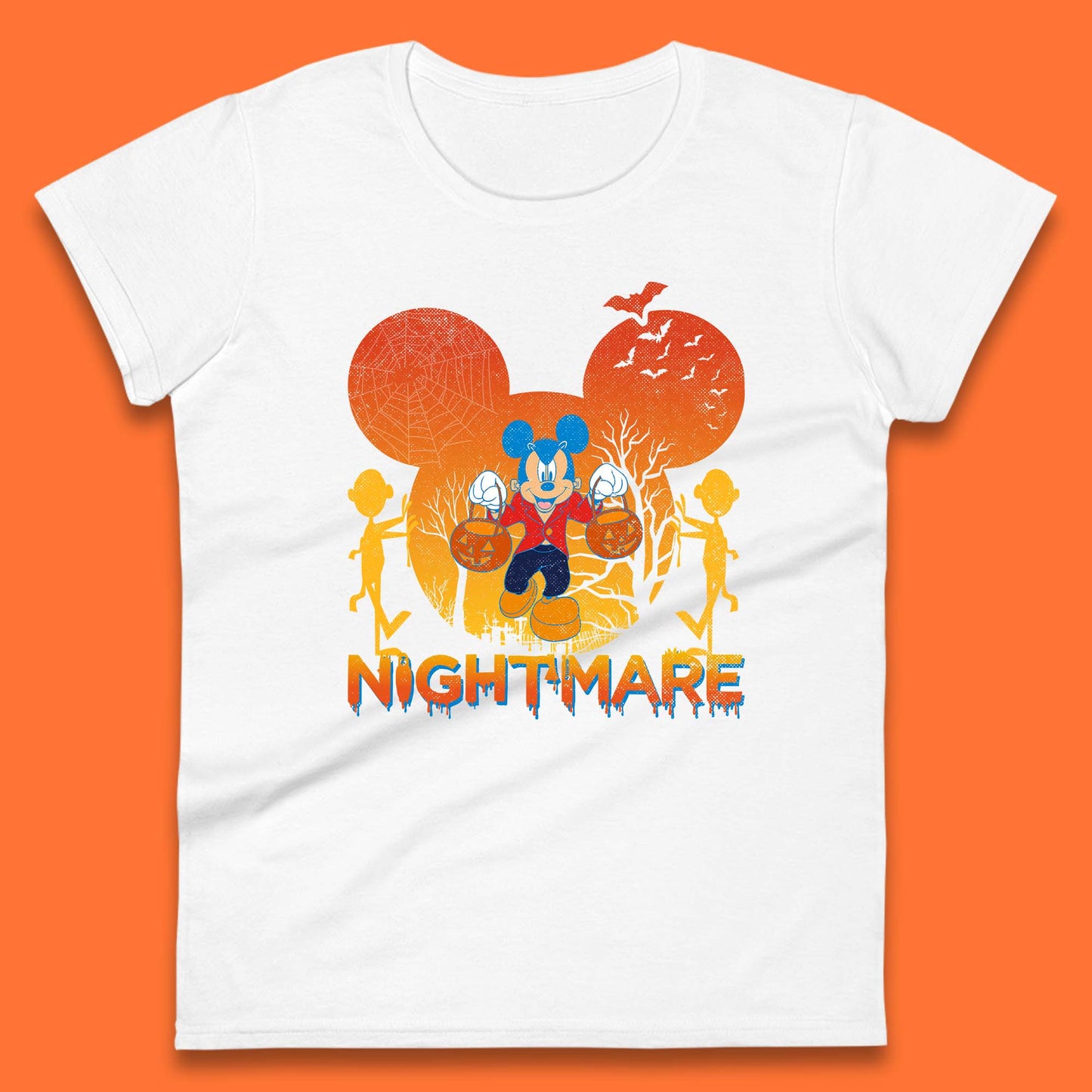 Halloween Nightmare Disney Mickey Mouse Holding Pumpkin Bucket Horror Scary Disneyland Trip Womens Tee Top