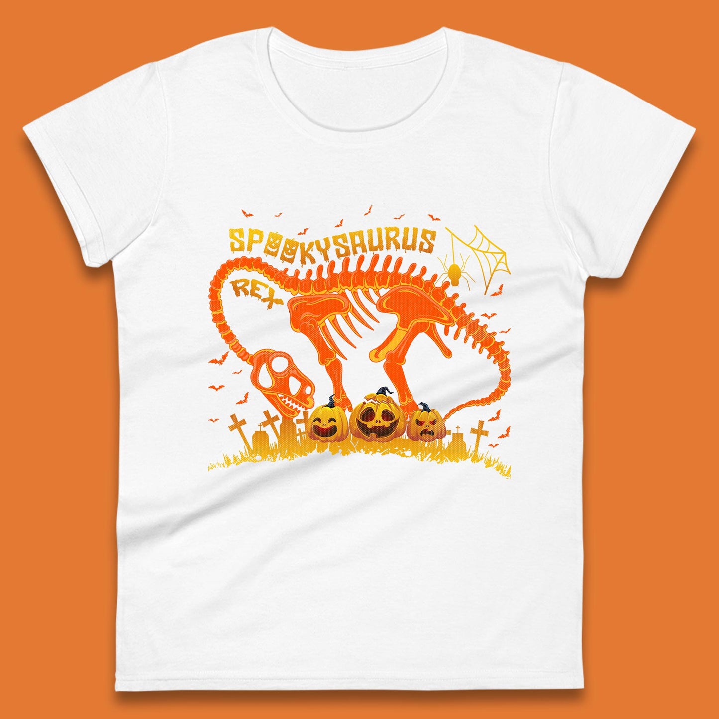 Spooky Saurus Rex Halloween Dinosaur T-Rex Skeleton With Scary Pumpkins Womens Tee Top