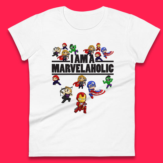 I Am A Marvelaholic Marvel Avengers Super Heroes Movie Characters Black Widow, Hulk, Iron Man, Thor, Captain America Womens Tee Top