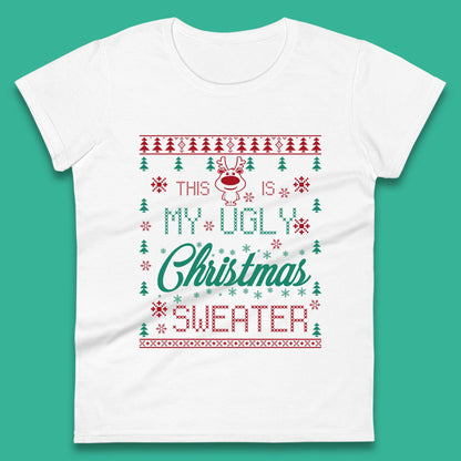 Ugly Christmas Sweater Reindeer Womens T-Shirt