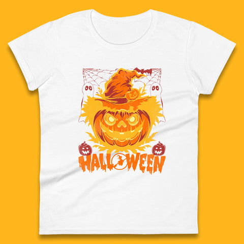 Halloween Scary Pumpkin Face Jack O Lantern Horror Halloween Night Womens Tee Top