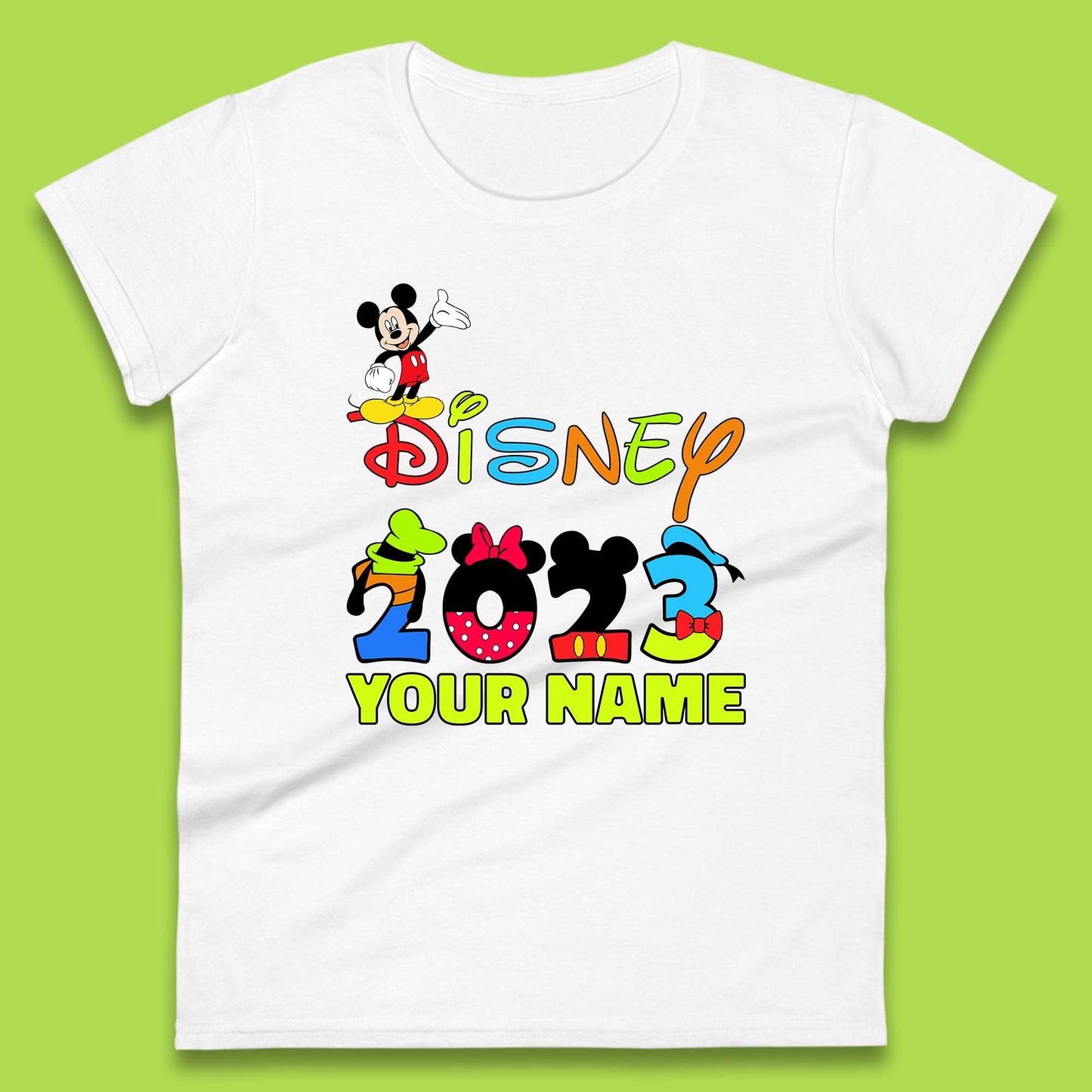 Personalised Disney 2023 Disney Club Your Name Mickey Mouse Minnie Mouse Donald Duck Pluto Goofy Cartoon Characters Disney Vacation Womens Tee Top