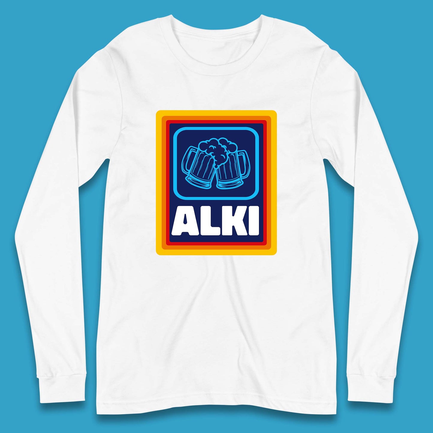 Alki Aldi Drink Pub Beer Joke Funny Parody Novelty Gift Long Sleeve T Shirt