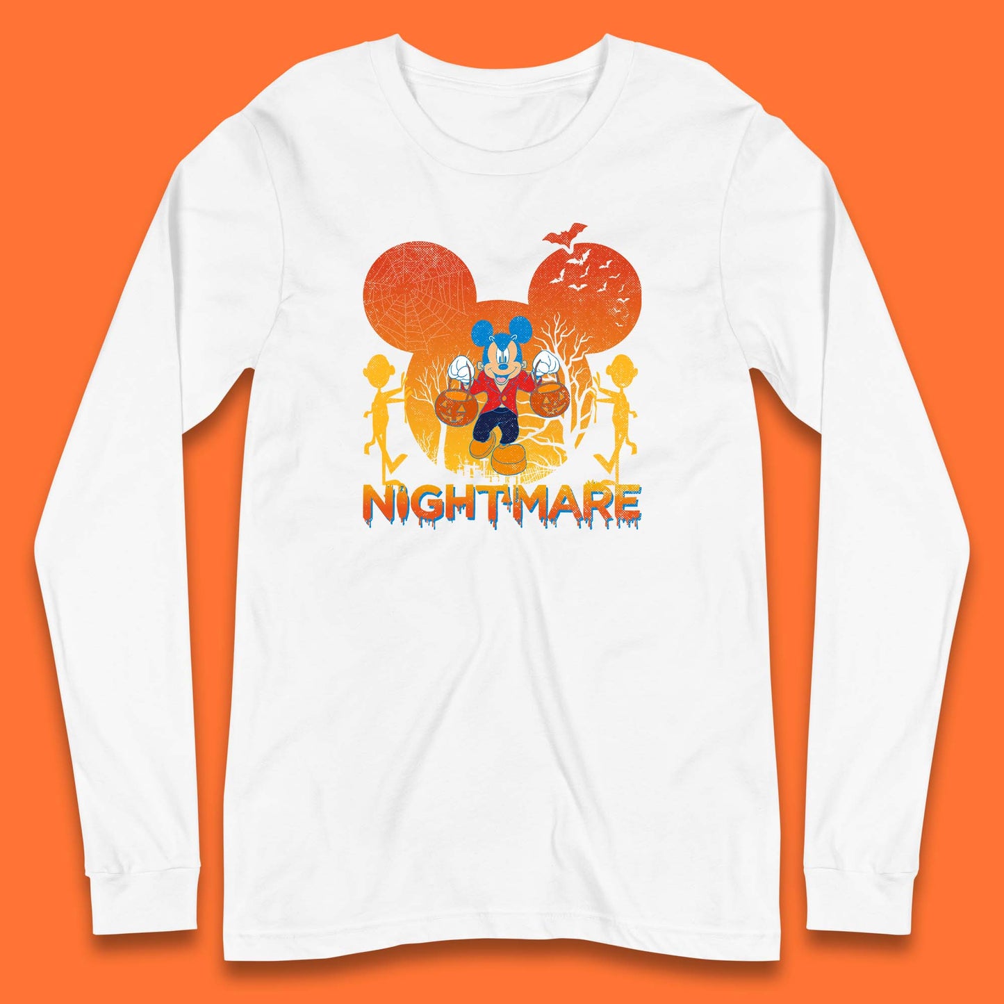 Halloween Nightmare Disney Mickey Mouse Holding Pumpkin Bucket Horror Scary Disneyland Trip Long Sleeve T Shirt