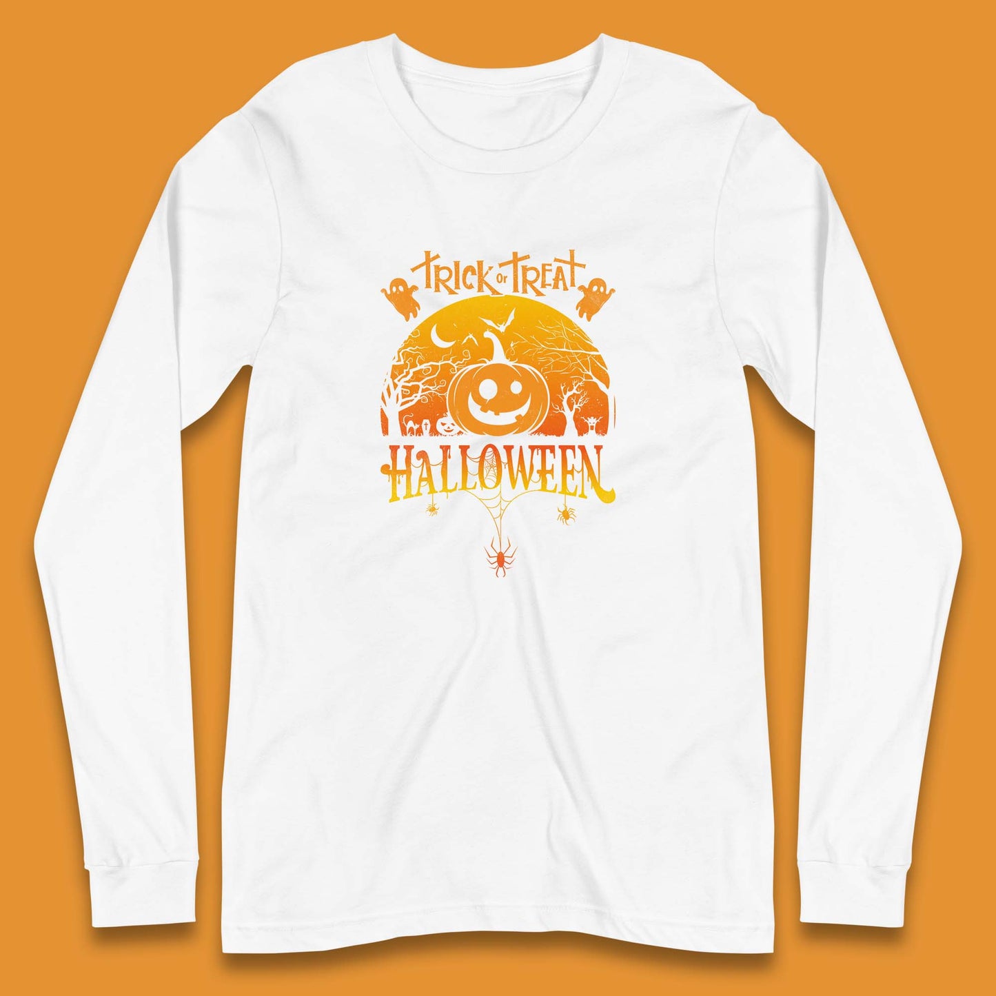 Trick Or Treat Halloween Pumpkin Haunted Trees Scary Spooky Season Long Sleeve T Shirt