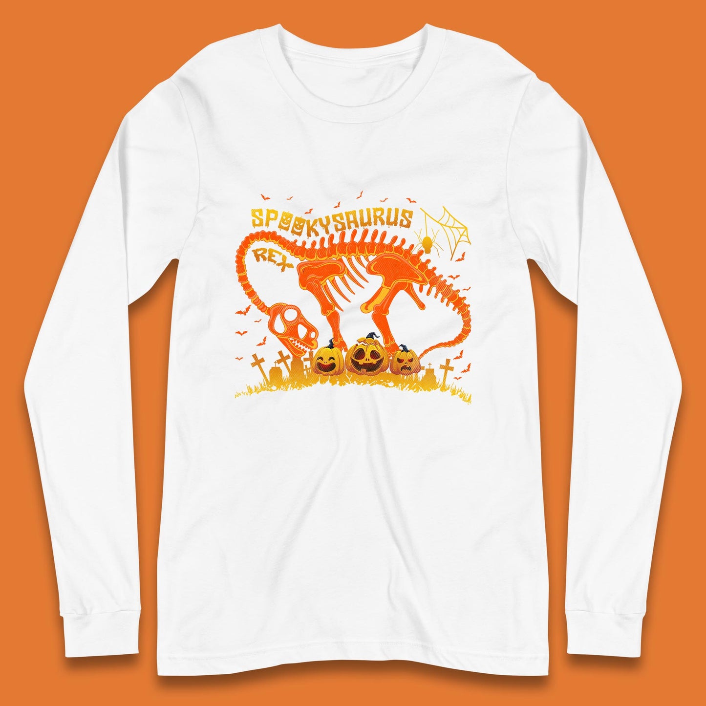 Spooky Saurus Rex Halloween Dinosaur T-Rex Skeleton With Scary Pumpkins Long Sleeve T Shirt