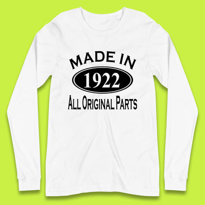 Made In 1922 All Original Parts Vintage Retro 101st Birthday Funny 101 Years Old Birthday Gift Long Sleeve T Shirt