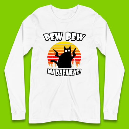 Pew Pew Madafakas Funny Joke Retro Vintage Cat Gun Pistol Kitty Pew Pew Cat Meme Long Sleeve T Shirt