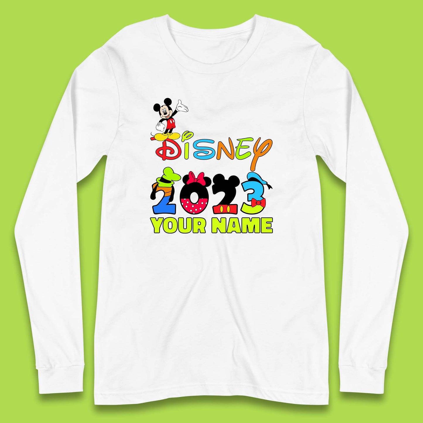 Personalised Disney 2023 Disney Club Your Name Mickey Mouse Minnie Mouse Donald Duck Pluto Goofy Cartoon Characters Disney Vacation Long Sleeve T Shirt