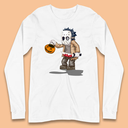 Chibi Jason Voorhees Holding Bloody Knife And Pumpkin Bucket Halloween Friday The 13th Horror Movie Long Sleeve T Shirt