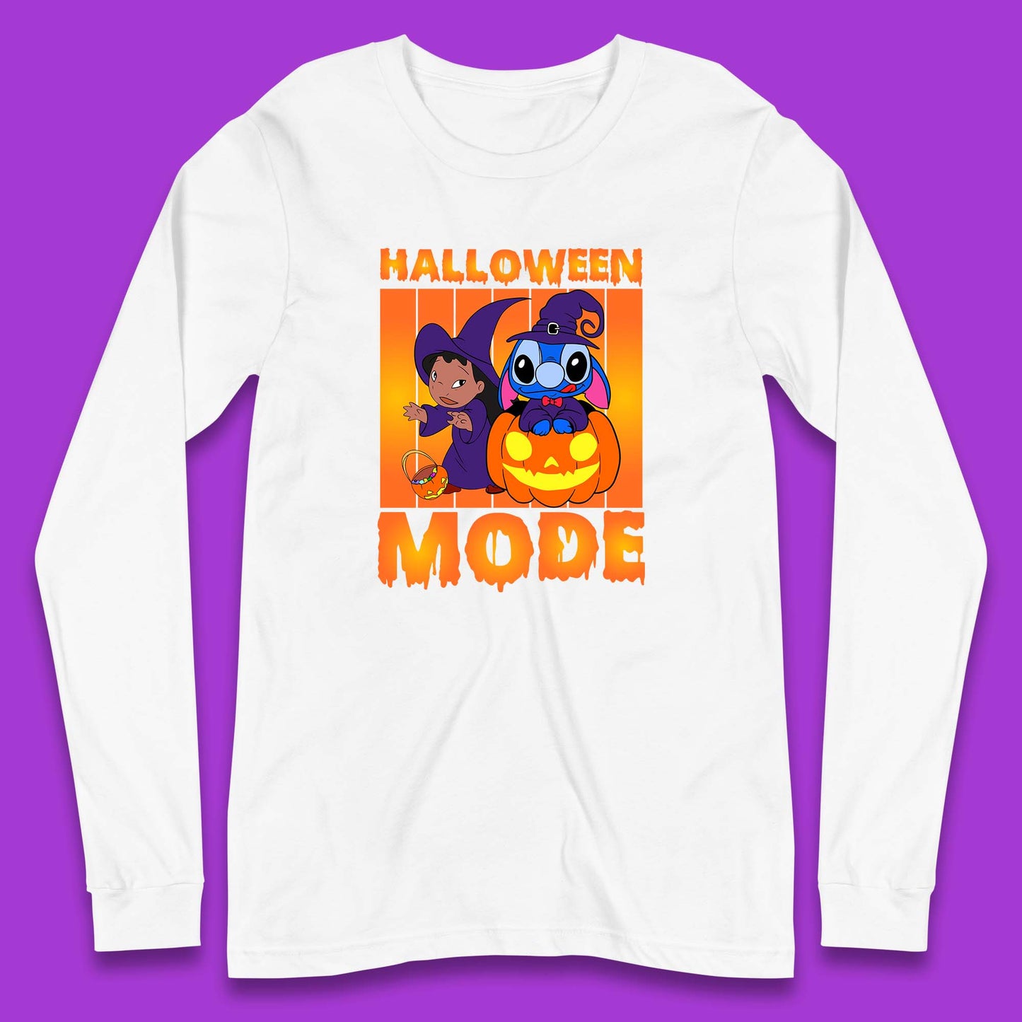 Halloween Mode Disney Lilo & Stitch Halloween Pumpkin Witch Hat Stitch Spooky Disneyland Trip Long Sleeve T Shirt