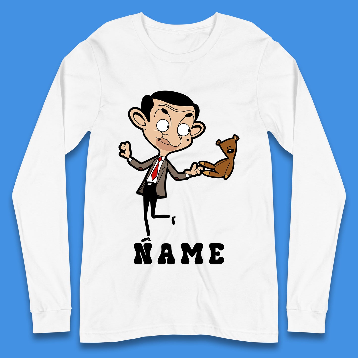 Personalised Mr Bean And Teddy Bear Your Name Comedy Cartoon Animated Series Long Sleeve T Shirt