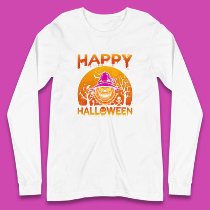 Happy Halloween Monster Pumpkin With Witch Hat Horror Scary Spooky Season Long Sleeve T Shirt