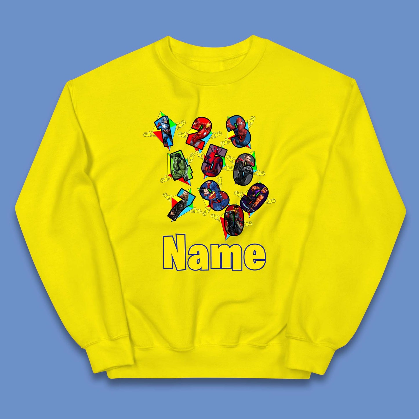 Personalised Number Day Superheroes Superheroes Kids Jumper