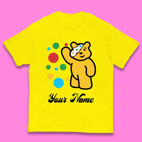 Personalised Spotty Pudsey Bear Hand Waving Dotty Spot Your Name Fundraising Spotty Bear Spotty Day Kids T Shirt